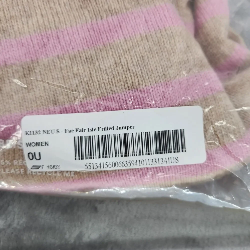 BNWT Boden Women's Small Camel Pink Stripe Fae Fair Isle Frilled Sweater - Picture 4 of 7